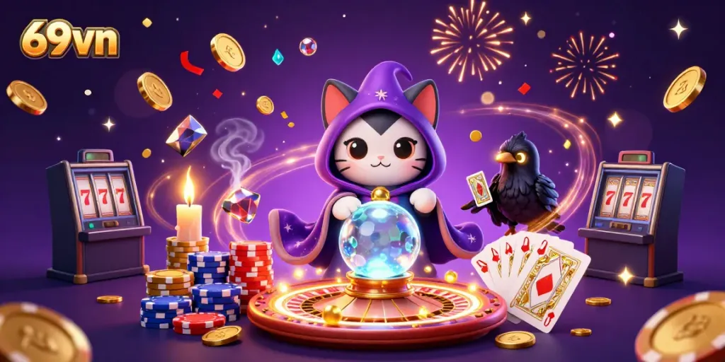 Experience thrilling gaming with 69vn, featuring an enchanting scene of fortune teller, raven, and casino elements.