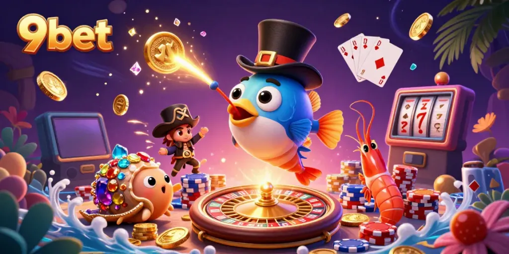 9bet offers thrilling experiences as a deep-sea anglerfish attracts golden coins in a vibrant casino scene.