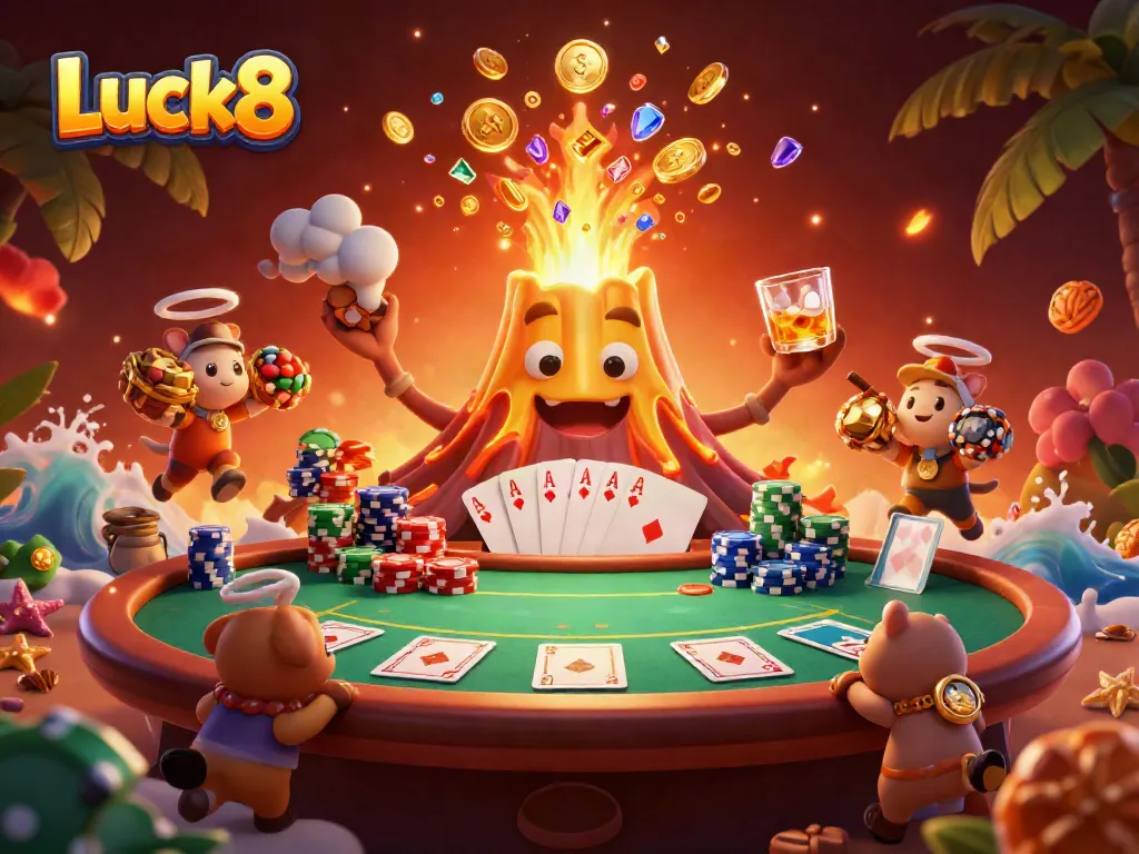 Experience the thrill of winning at Luck8 with a vibrant casino illustration filled with treasures and poker excitement.