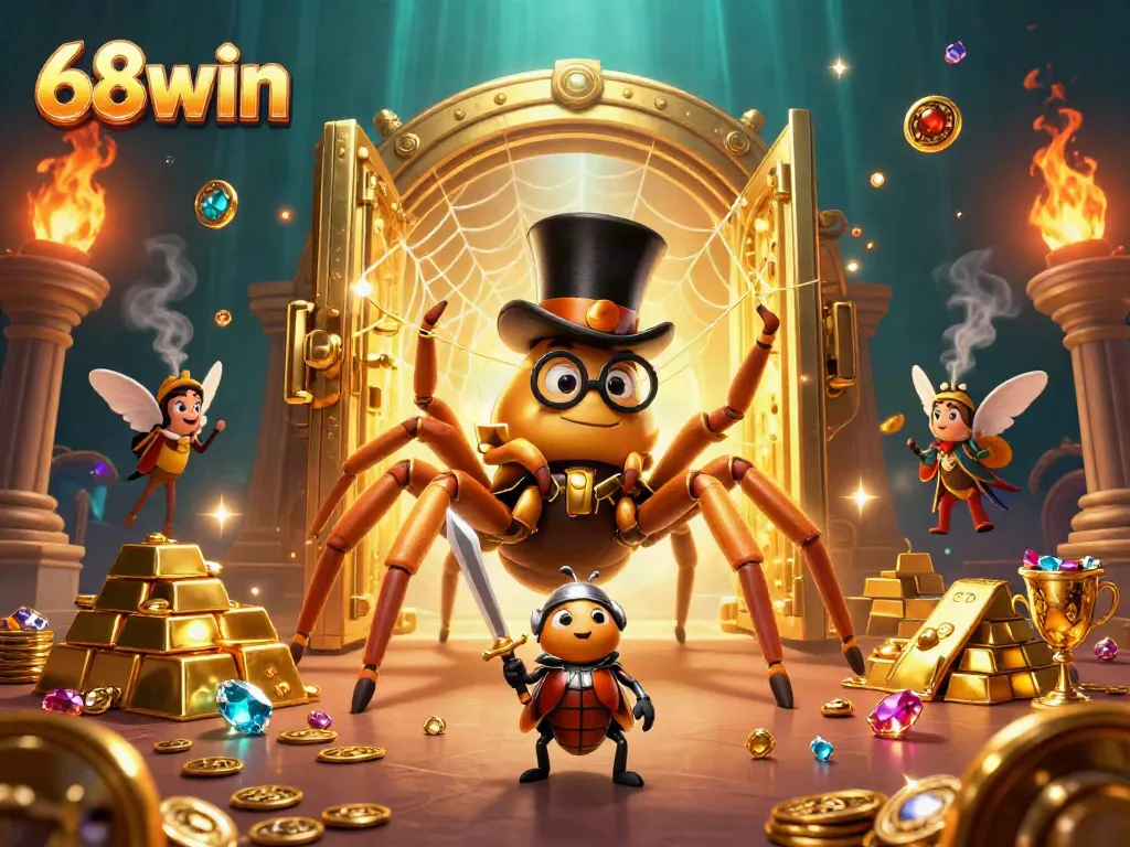 Experience the thrilling adventure at 68win, featuring a golden tarantula and a knight amidst treasure.