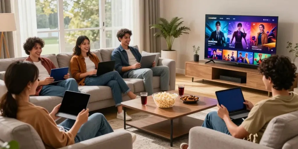 Viewers enjoying Cocoflix on multiple devices in a cozy lounge setting.