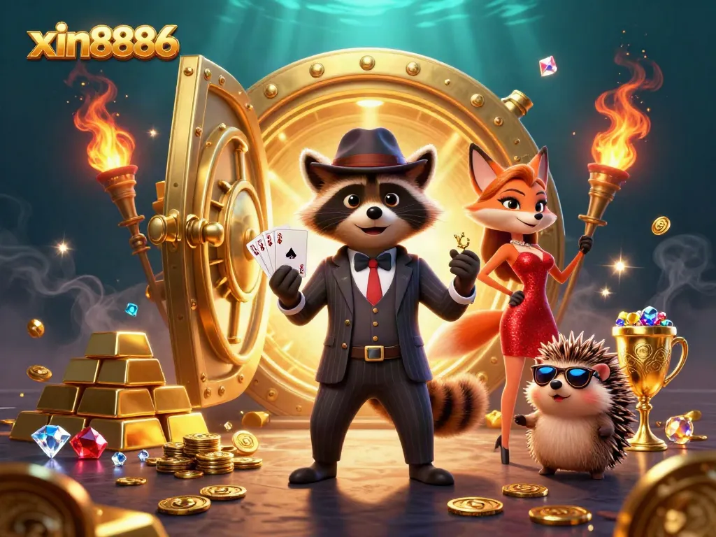 Experience the excitement of xin8886 with a suave raccoon and elegant fox in a dazzling casino scene.