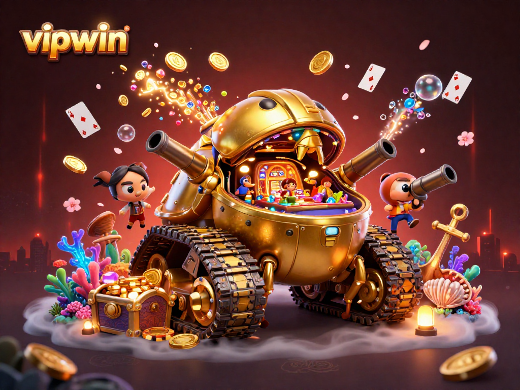 Experience thrilling gameplay at vipwin with a vibrant casino scene filled with gold coins and treasure.