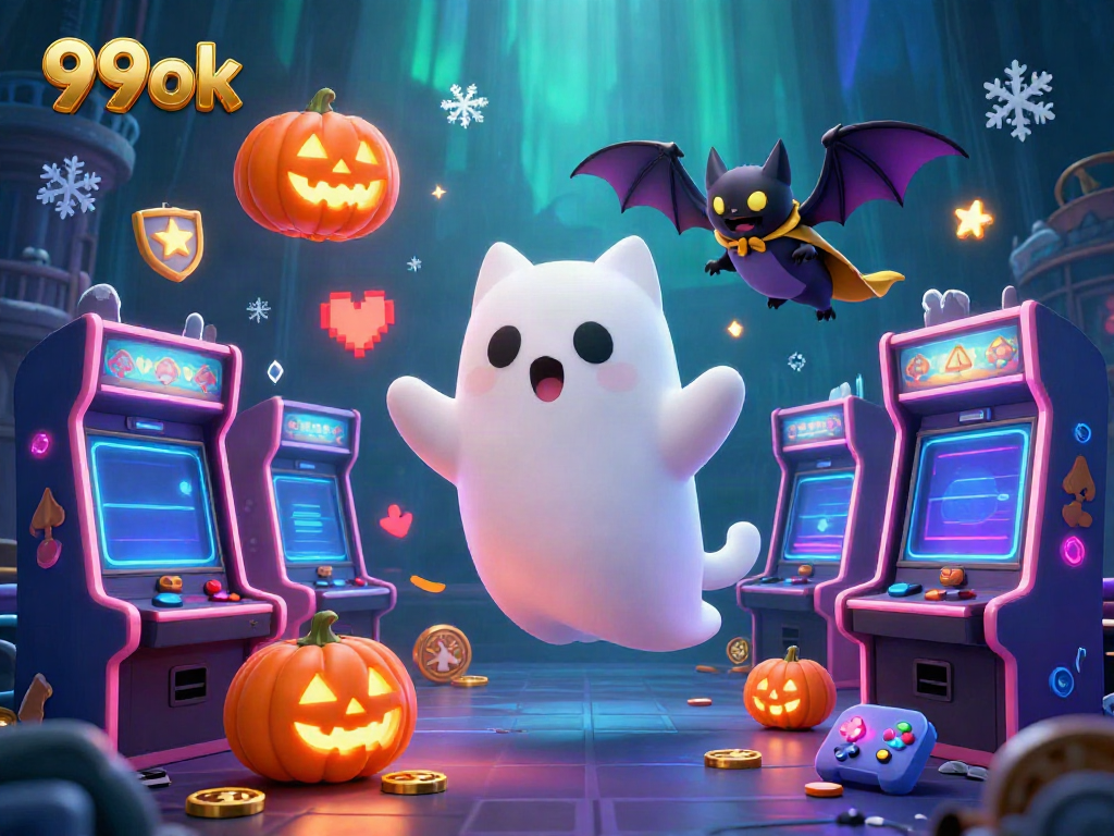 Engage with thrilling gaming environments at 99ok featuring a ghost cat and vibrant casino elements.