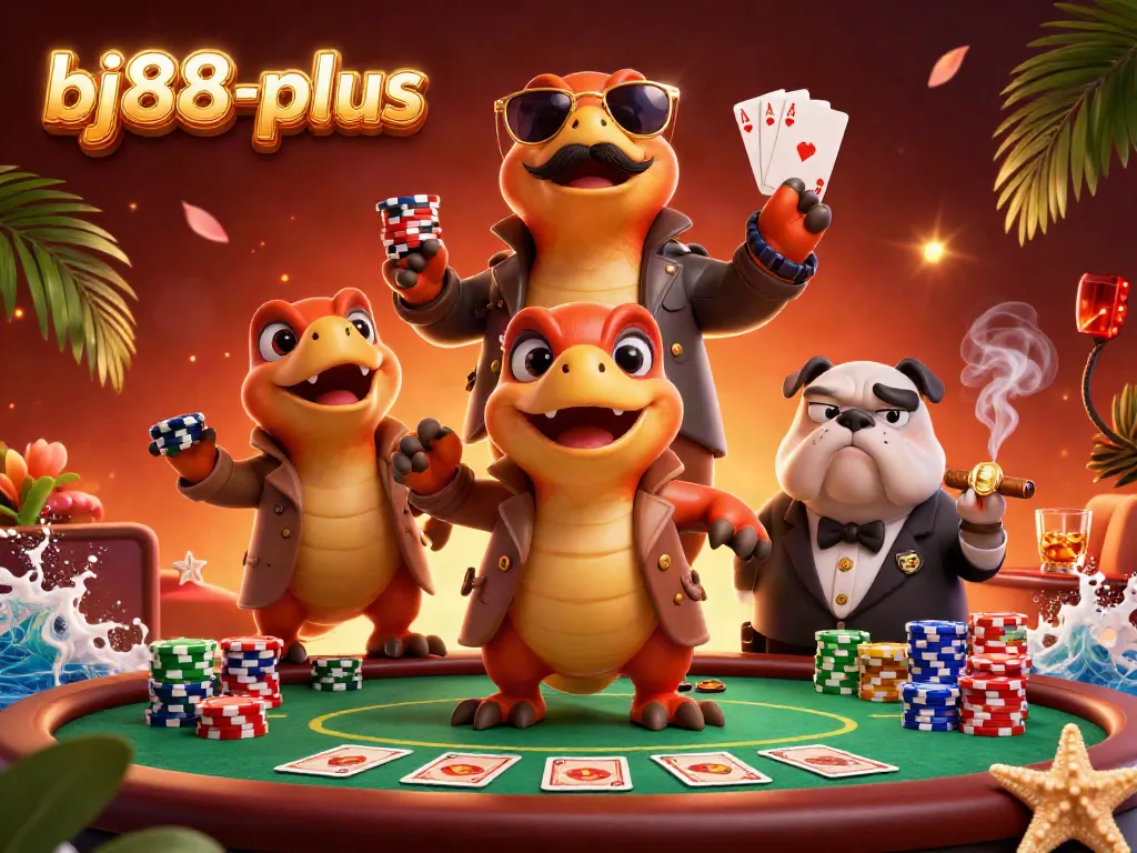 Experience the vibrant casino action with bj88-plus as three cartoon raptors enter a VIP lounge.