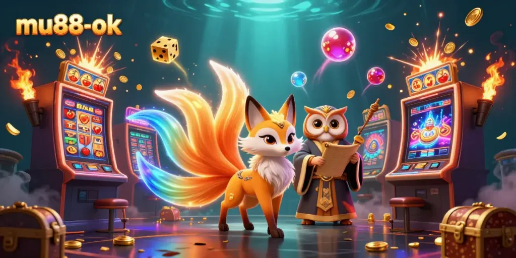 Experience the magic of mu88-ok with vibrant characters and dynamic casino elements in a 3D illustration.