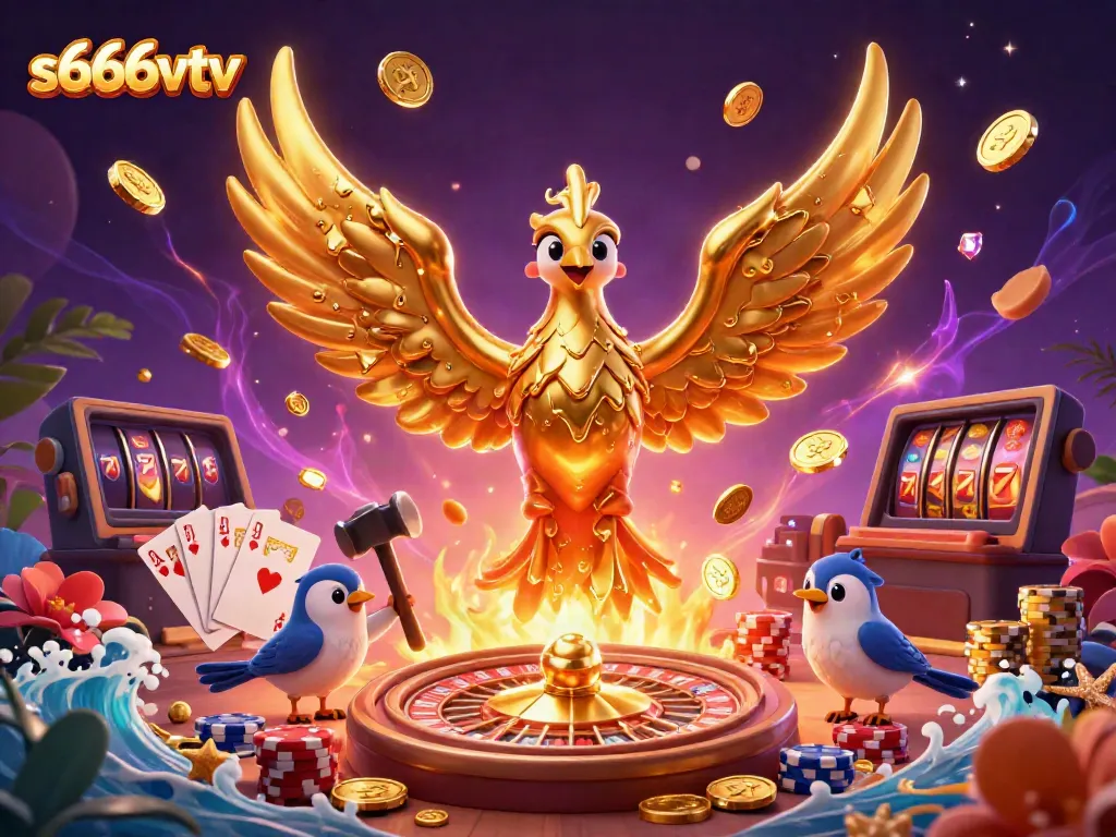 Experience the vibrant gaming world of s666vtv with golden phoenix, coins, and casino elements.