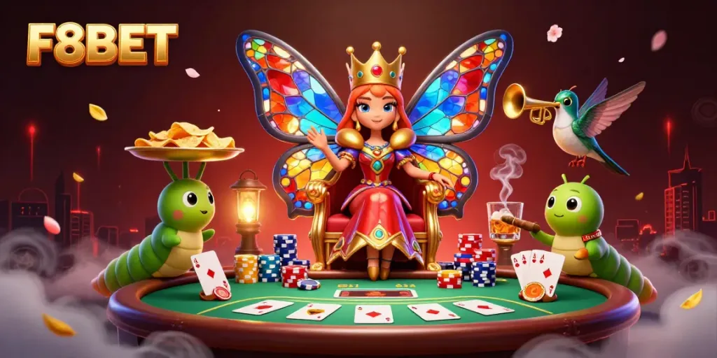 Experience the vibrant F8BET casino scene featuring a butterfly queen and poker elements.