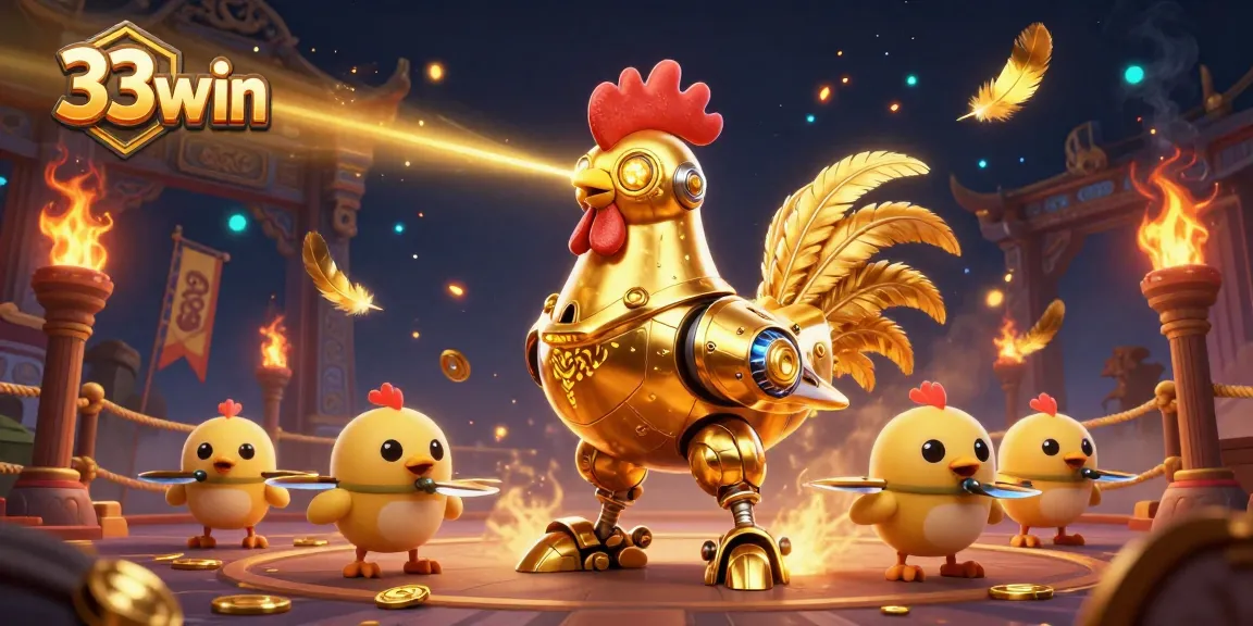 Engage in thrilling gambling with 33win as the golden rooster robot showcases its power and strategy.