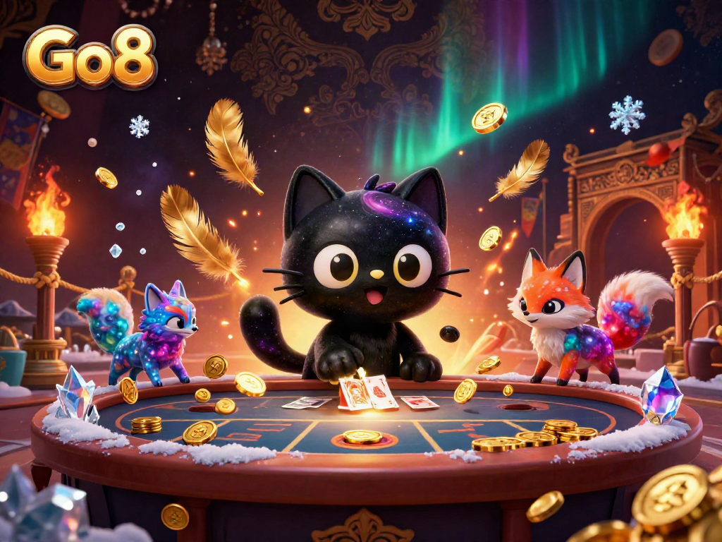 Experience the vibrant casino action with Go8's cosmic gaming scene featuring dynamic characters and elements.