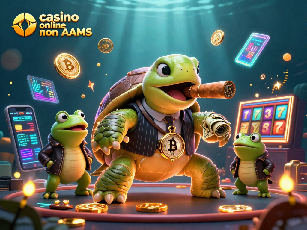 Scopri il mondo del gioco con casino online non AAMS, dove una tartaruga mafiosa e due rane vigilanti si preparano per vincite epiche.