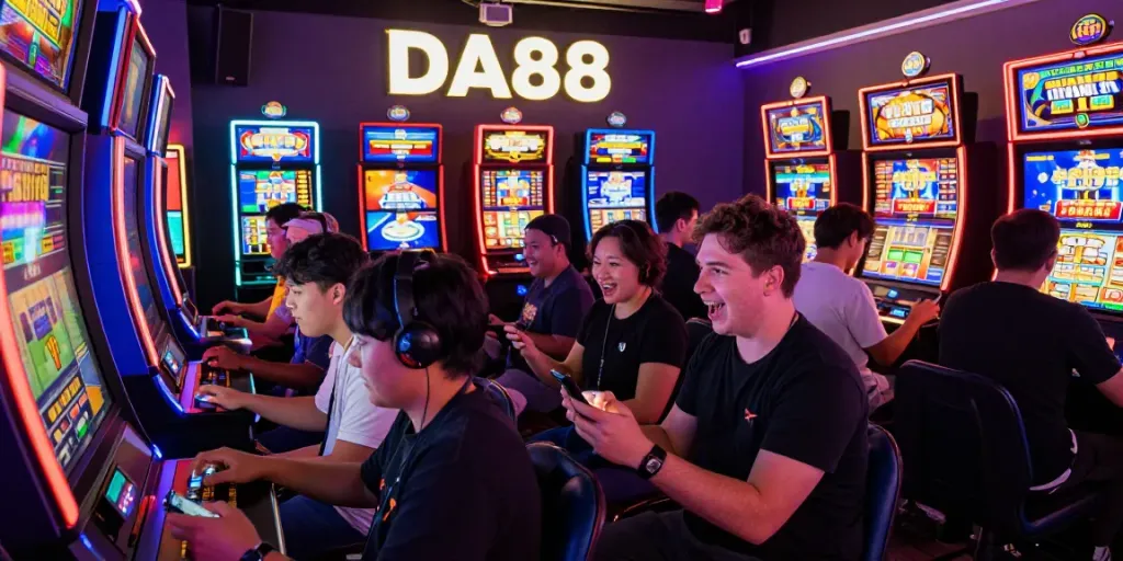 Exciting gaming scene at DA88 featuring players enjoying colorful slot games online, showcasing the thrill of gaming.