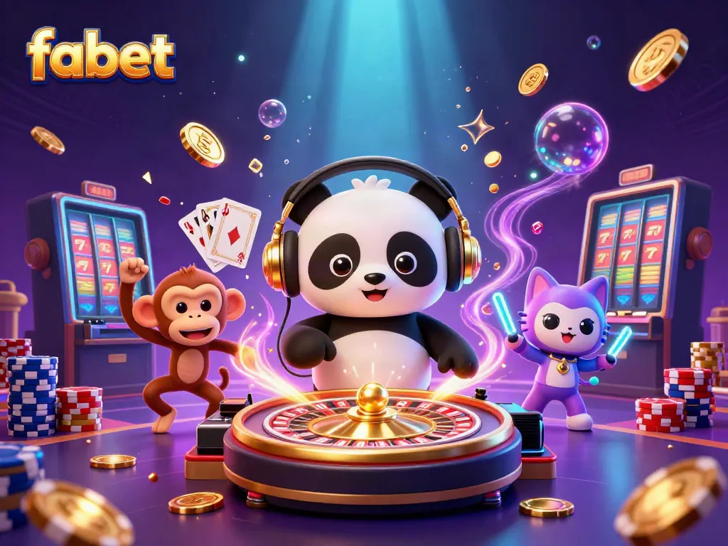 Experience fabet's vibrant casino energy with DJ panda, breakdancing monkey, and glowing kitten.
