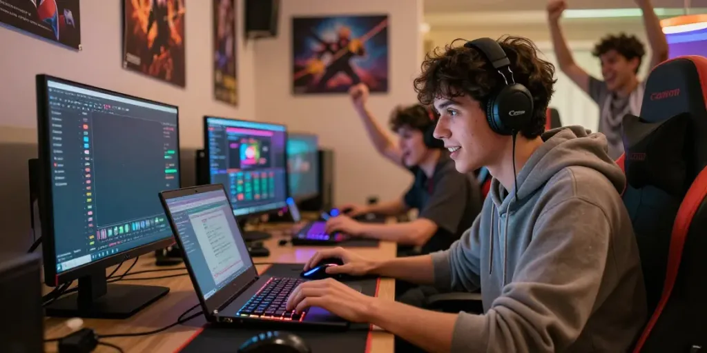 Engaged gamer at A80 online casino with vibrant lighting and gaming setup.
