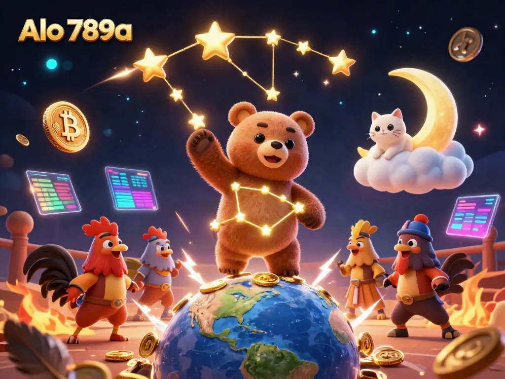 Alo 789a showcases an entertaining scene of a constellation bear and lunar cat in a vibrant casino cockfighting arena.