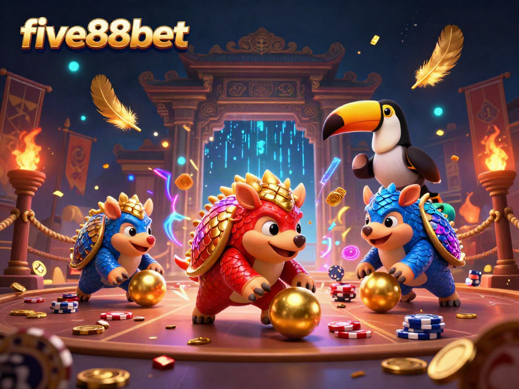 Experience thrilling gameplay at five88bet with rival pangolins in a vibrant casino scene.