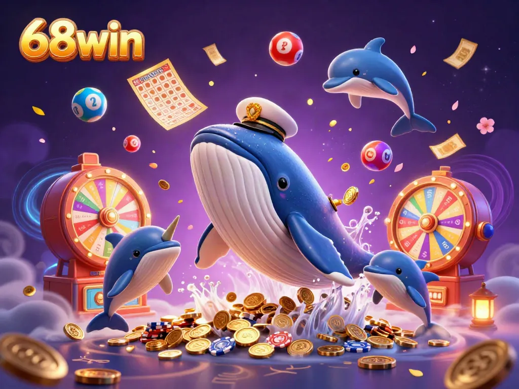 Experience thrilling gameplay at 68win with a vibrant scene of a whale and playful dolphins amidst a backdrop of riches.