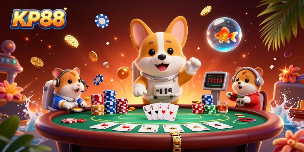 KP88 features a playful astronaut corgi in a vibrant casino atmosphere, drifting coins and poker chips all around.