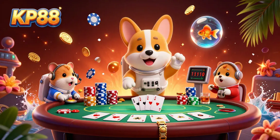 KP88 features a playful astronaut corgi in a vibrant casino atmosphere, drifting coins and poker chips all around.