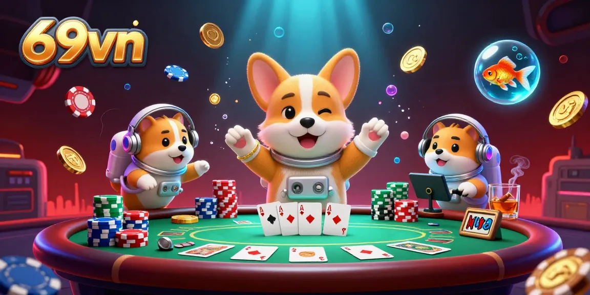 Experience the excitement of 69vn with floating poker chips and characters in a vibrant space casino scene.