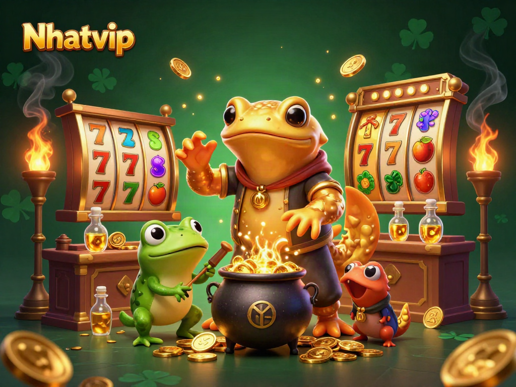 Nhatvip showcases a vibrant 3D scene where an alchemist transforms metals into gold, symbolizing winning strategies in gambling.