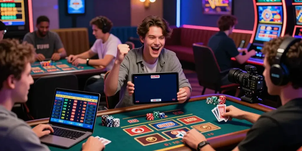 Excited players enjoying online games at KU88, celebrating wins with vibrant atmosphere.