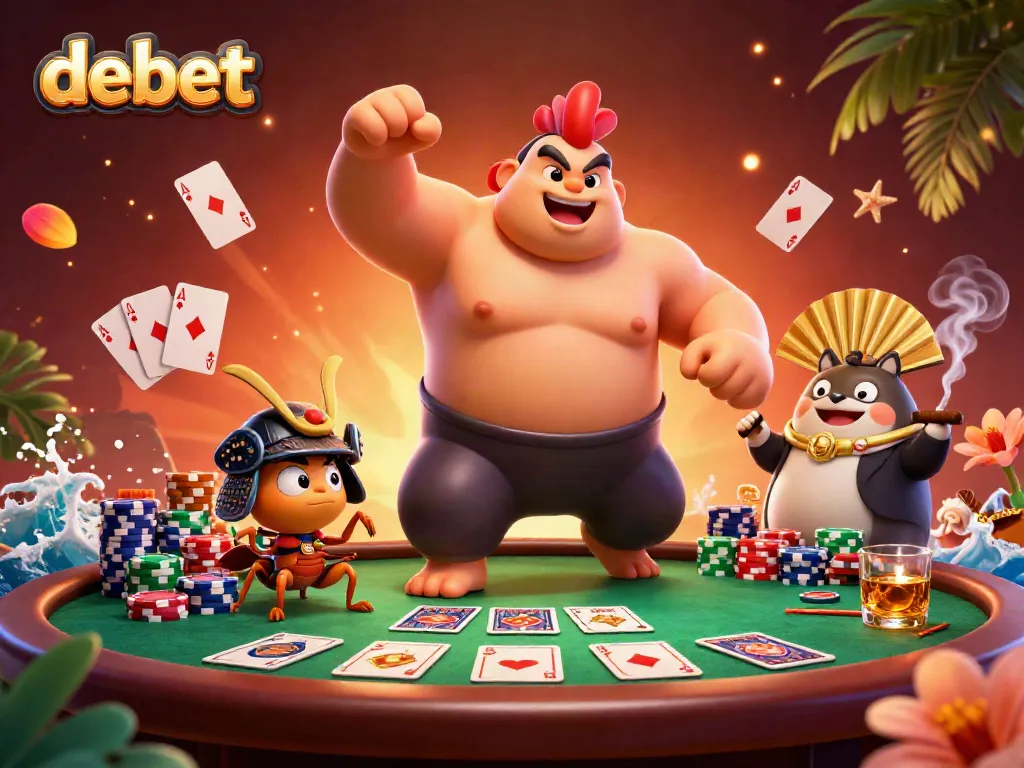 Experience the dynamic atmosphere of debet with vibrant poker action featuring a powerful sumo wrestler rooster and samurai cricket.