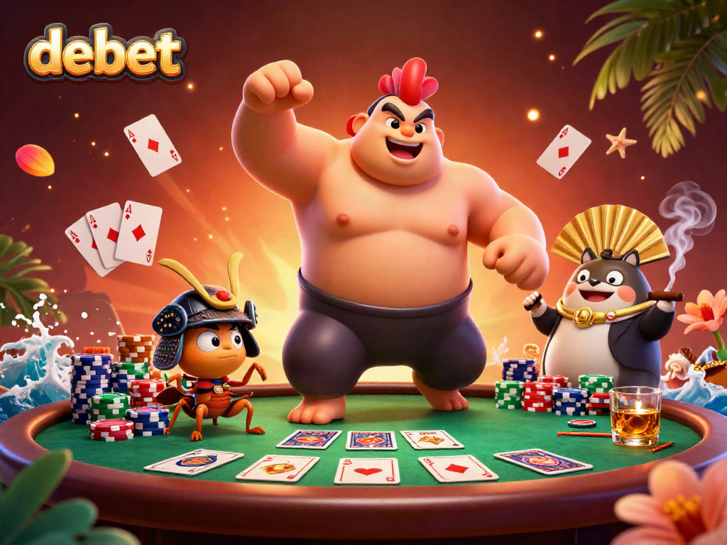Experience the dynamic atmosphere of debet with vibrant poker action featuring a powerful sumo wrestler rooster and samurai cricket.
