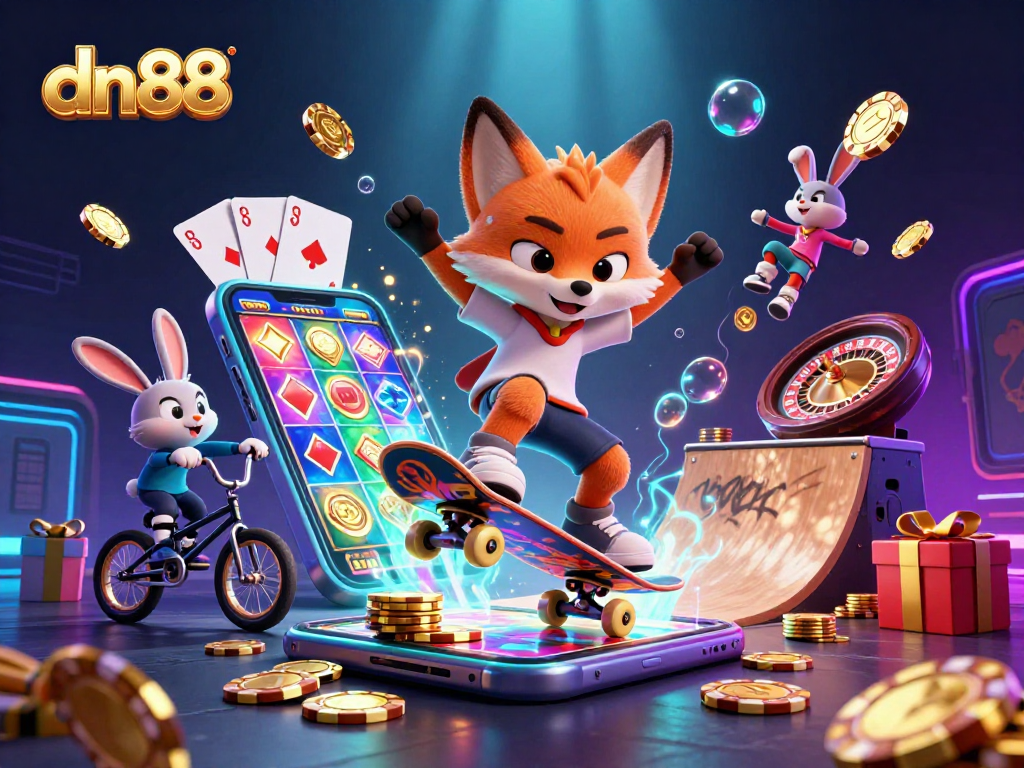 Join the excitement at dn88 with a vibrant 3D interactive casino scene, featuring playful characters and games.