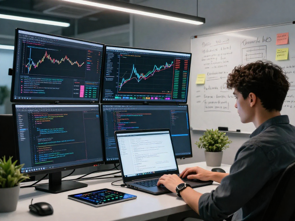 Developer creating real-time grain algorithmic trading API in a modern workspace filled with forex data and analysis.