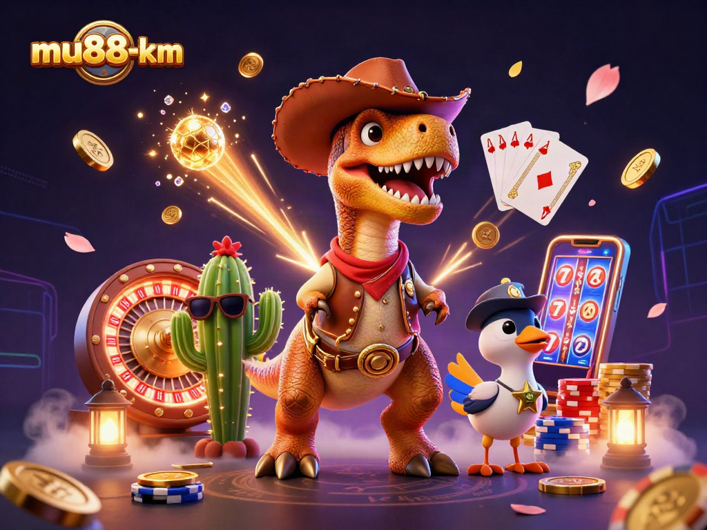 Spin the wins with mu88-km as a cowboy T-Rex and friends celebrate casino jackpots!
