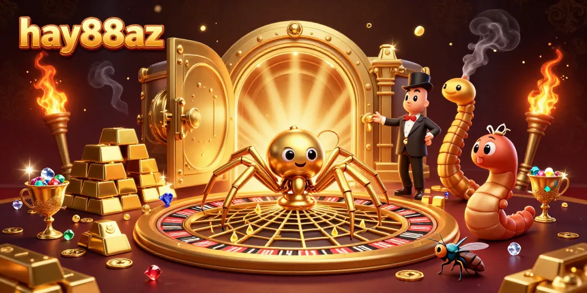 Experience the thrill of hay88az with a golden spider and centipede croupier in an animated casino scene.