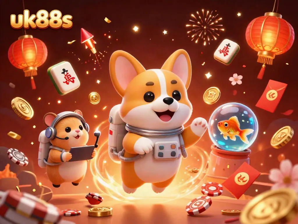 Experience immersive gaming at uk88s with a corgi astronaut in a colorful casino.