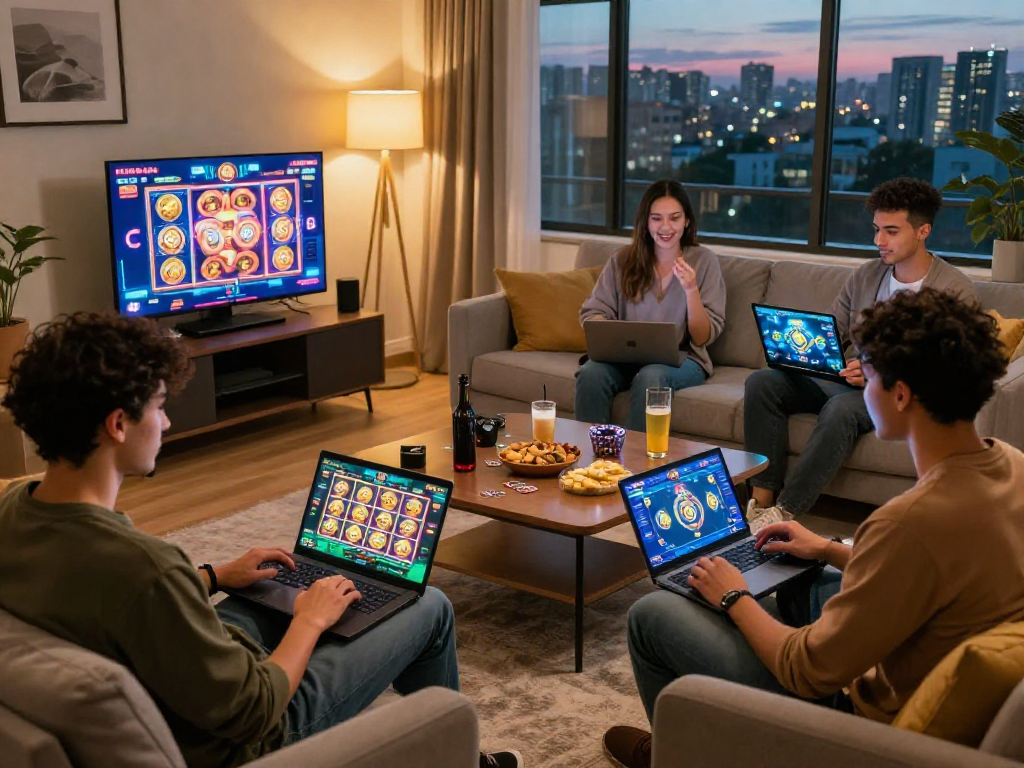 Gruppo di amici che si divertono con i casino online non AAMS in un accogliente soggiorno con laptop e snack.