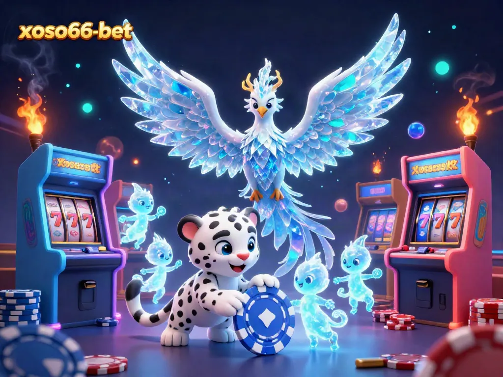 Experience the magic of xoso66-bet with an enchanting casino scene featuring an ice phoenix and vibrant game elements.