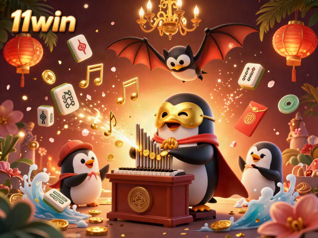Win big with 11win as a cartoon penguin entertains at a vibrant casino.