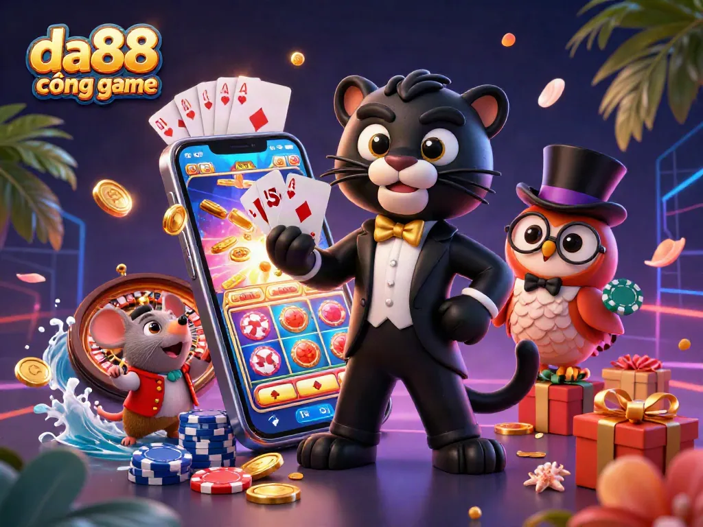 Engaging scene showcasing da88 cổng game with a stylish black panther, an owl, and a lucky mouse among vibrant casino elements.
