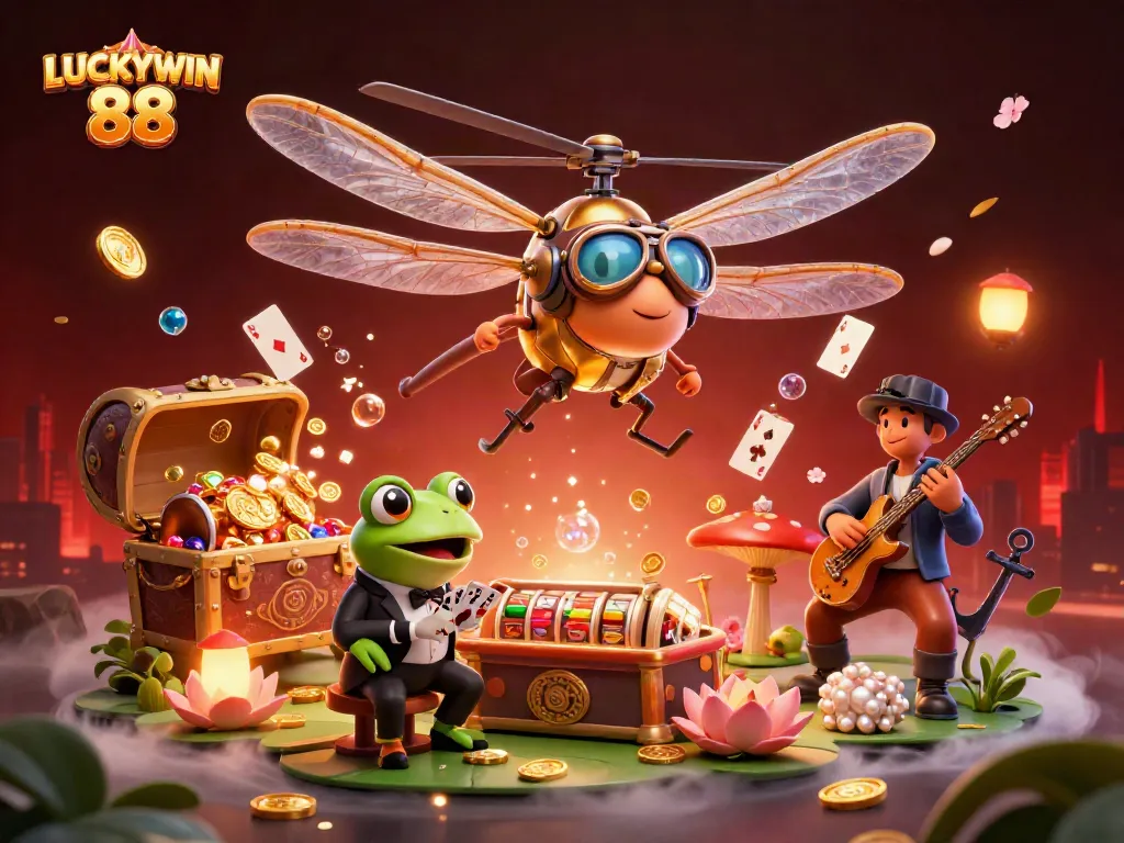 Engage with LUCKYWIN 88 at a vibrant casino scene where a dragonfly pilot and frog croupier bring luck.