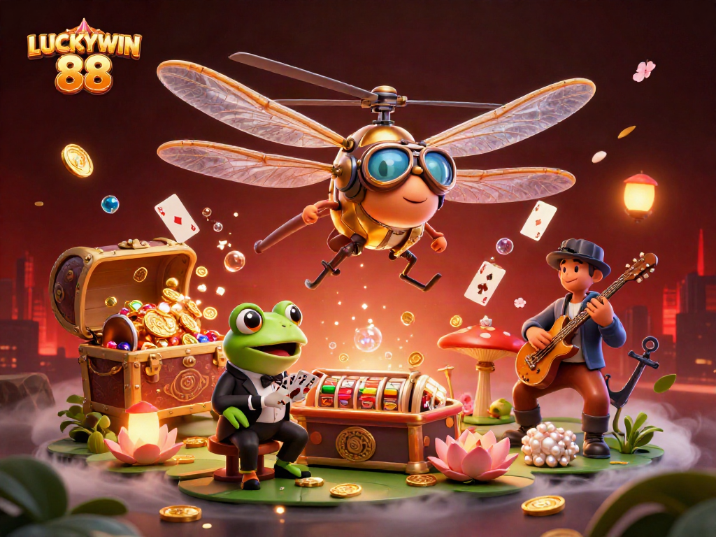 Engage with LUCKYWIN 88 at a vibrant casino scene where a dragonfly pilot and frog croupier bring luck.
