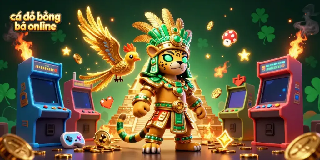 Experience cá độ bóng đá online with a vibrant scene featuring a Mayan jaguar priest and quetzal companion in a dynamic casino atmosphere.