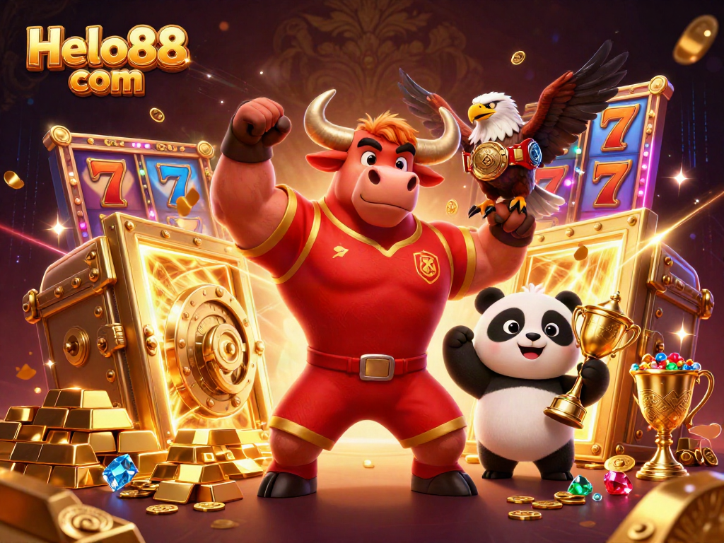 Helo88 com showcases a vibrant scene of a bull mascot celebrating victory, surrounded by casino symbols and treasures.