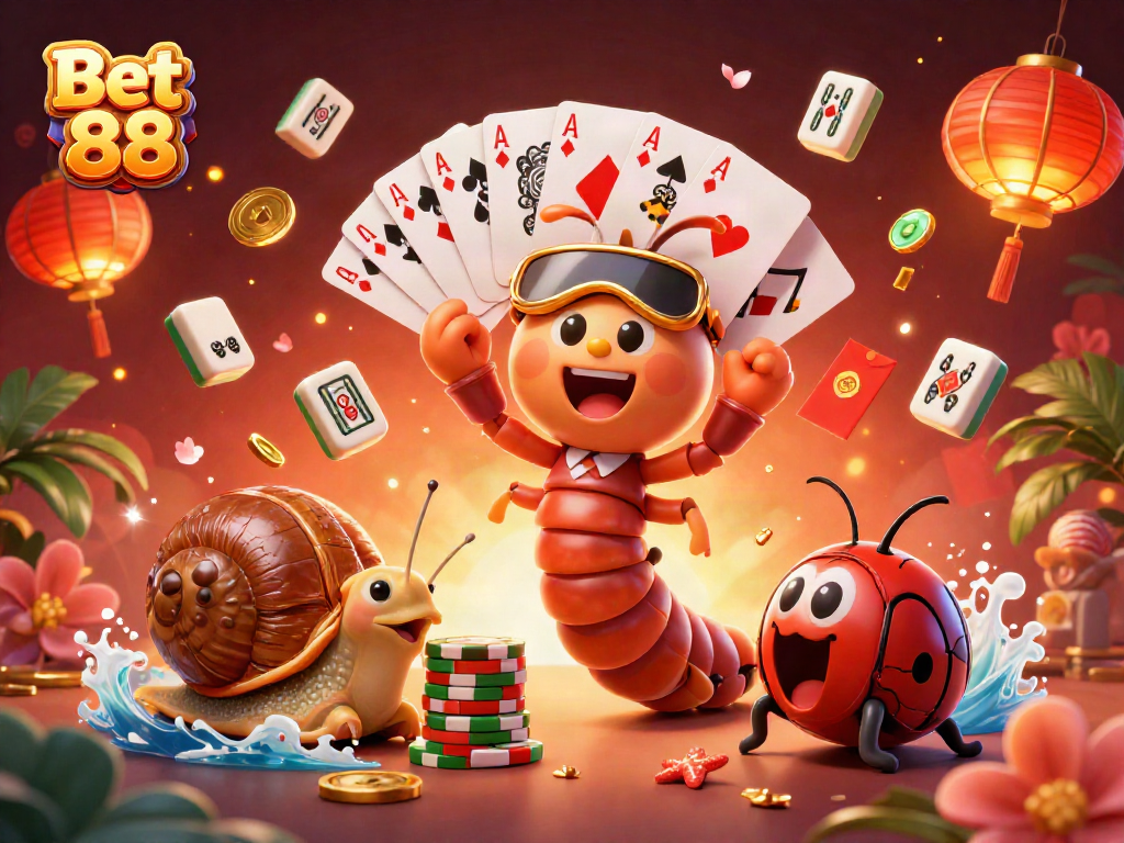 Bet 88 thrills with a cartoon millipede dealer and high-stakes casino action, focused on gaming fun.