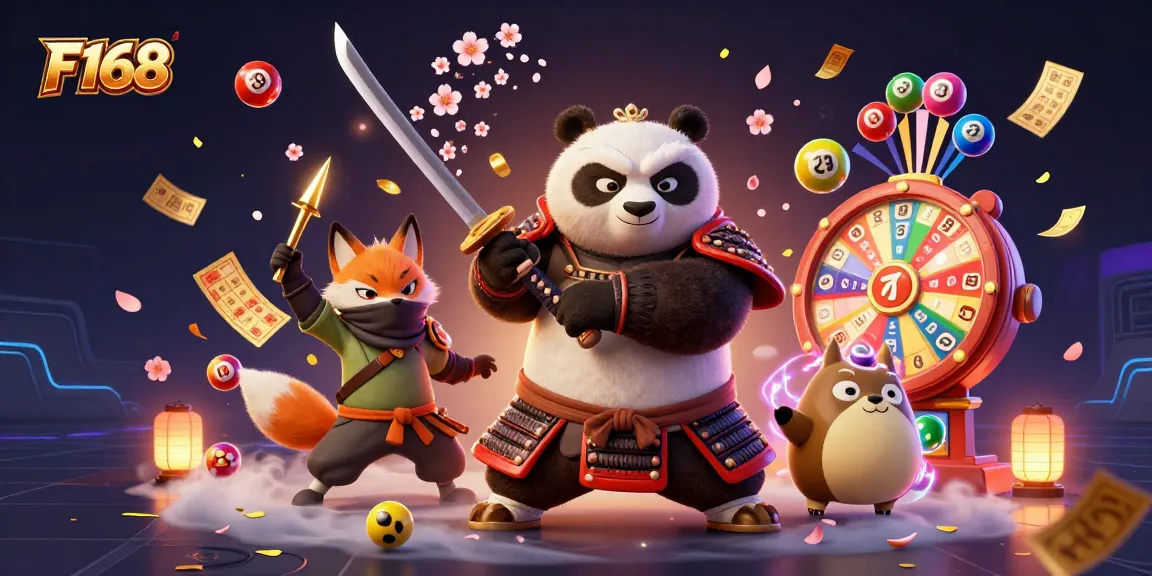 Engage with F168's vibrant casino scene featuring a samurai panda, ninja fox, and lottery elements.