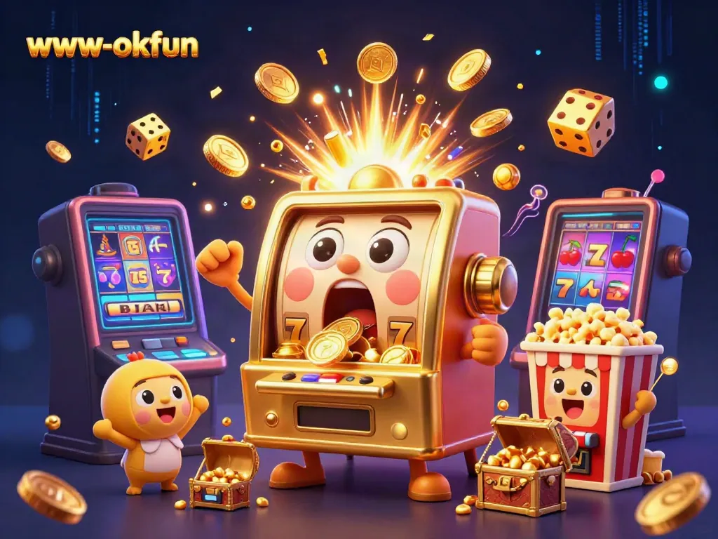 Experience excitement at www-okfun with a joyful golden slot machine celebrating its jackpot amidst dynamic casino elements.