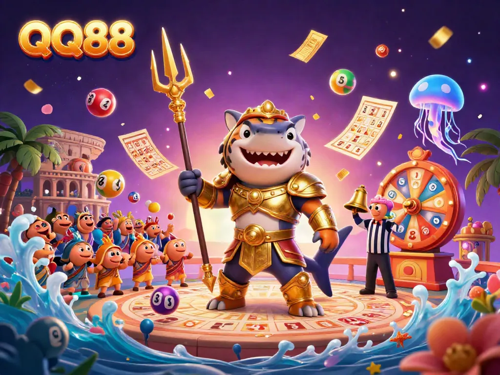 Experience exhilarating gameplay at QQ88 with a thrilling underwater casino scene featuring a gladiator tiger shark.