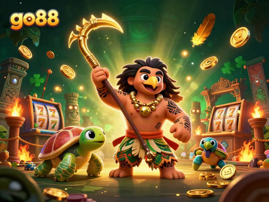 Engage with go88's vibrant casino realm featuring a demigod hawk and intricate slot reels.