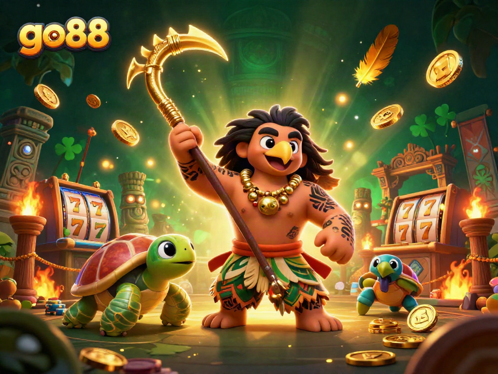 Engage with go88's vibrant casino realm featuring a demigod hawk and intricate slot reels.