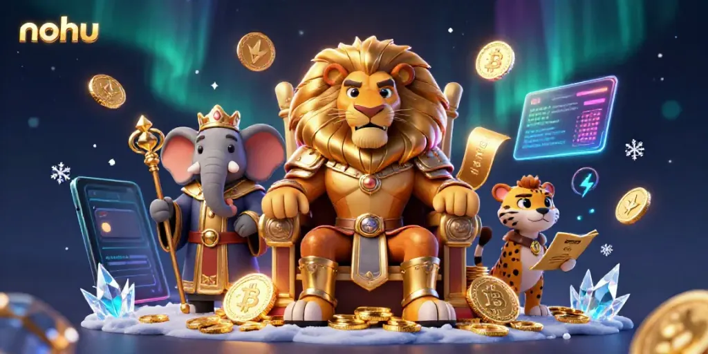 Experience nohu excitement with a regal lion and allies amidst gaming wonders.
