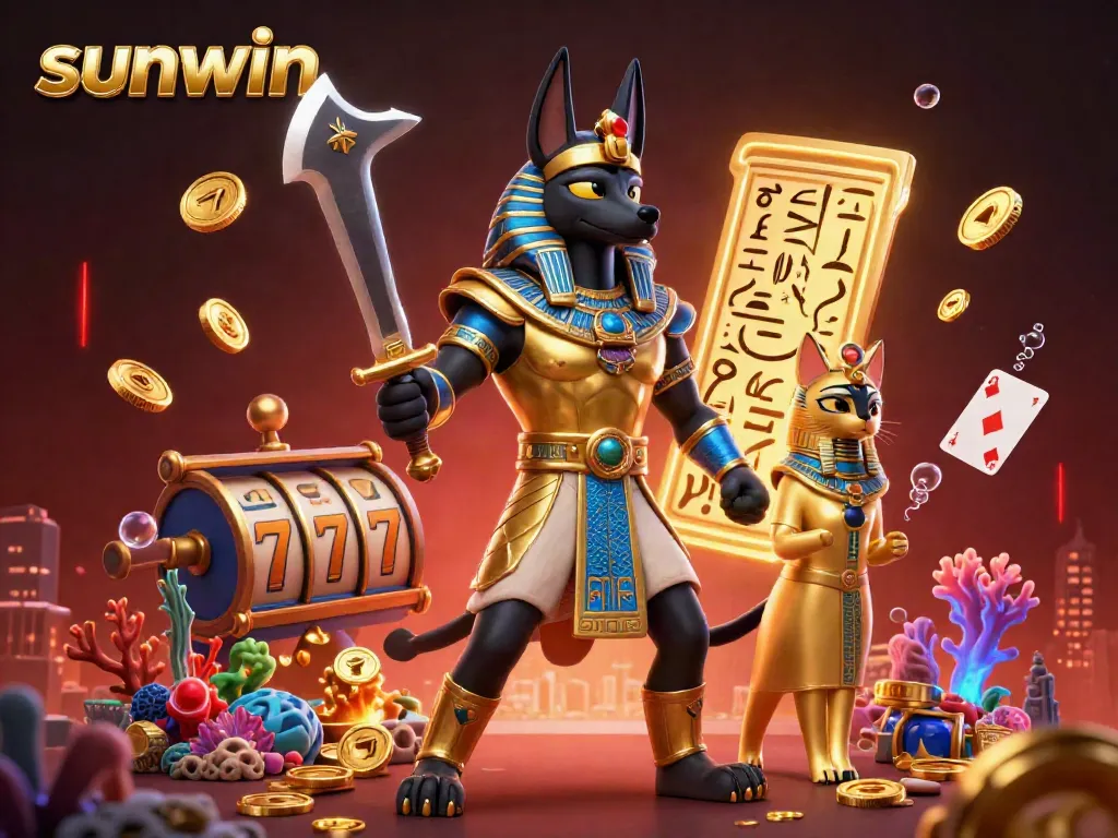 Engage with Sunwin's thrilling 3D casino scene featuring Anubis and Bastet amidst floating cards and shimmering gold coins.