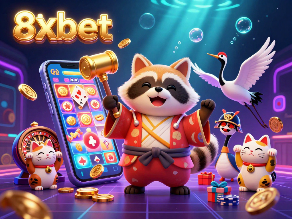 Experience excitement with 8xbet's vibrant gaming scene featuring cheerful characters and casino elements.